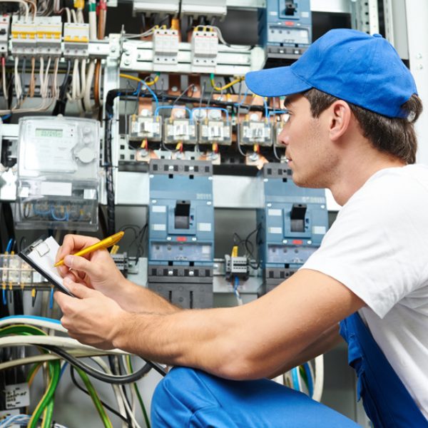 electrician worker inspecting Young adult electrician builder engineer inspecting electric counter equipment in distribution fuse box
